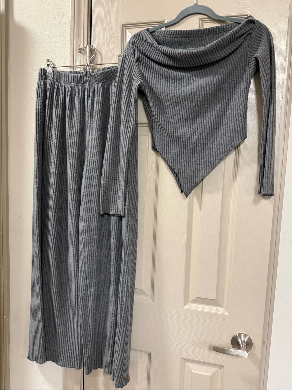SHEIN Gray Ribbed Knit Maxi Skirt Set with Asymmetric Top